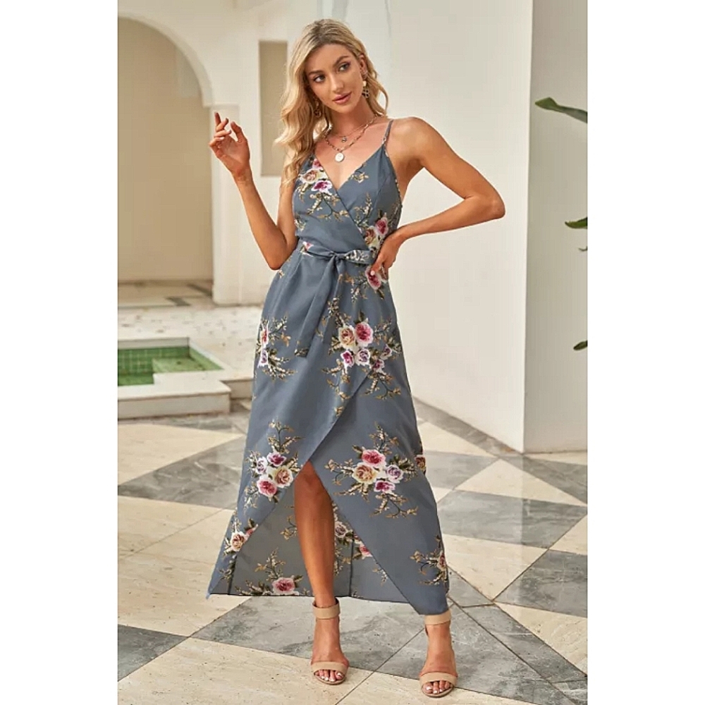 LAST ONE! Plus Size ADDISON Gray And Floral Wrap Maxi Dress With Slit